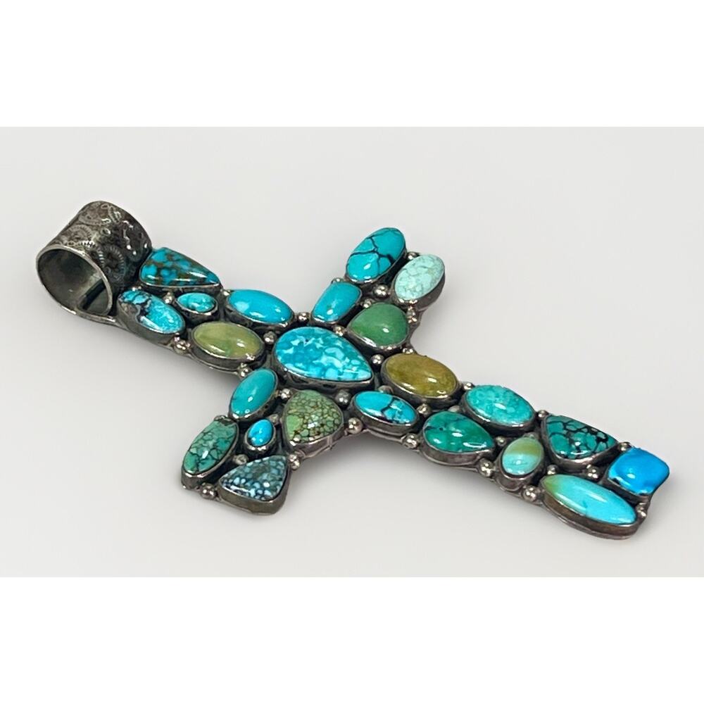 VTG Zuni Turquoise Cluster Sterling Silver Cross Pendant by B Bowekaty 73.4g - Picture 3 of 14